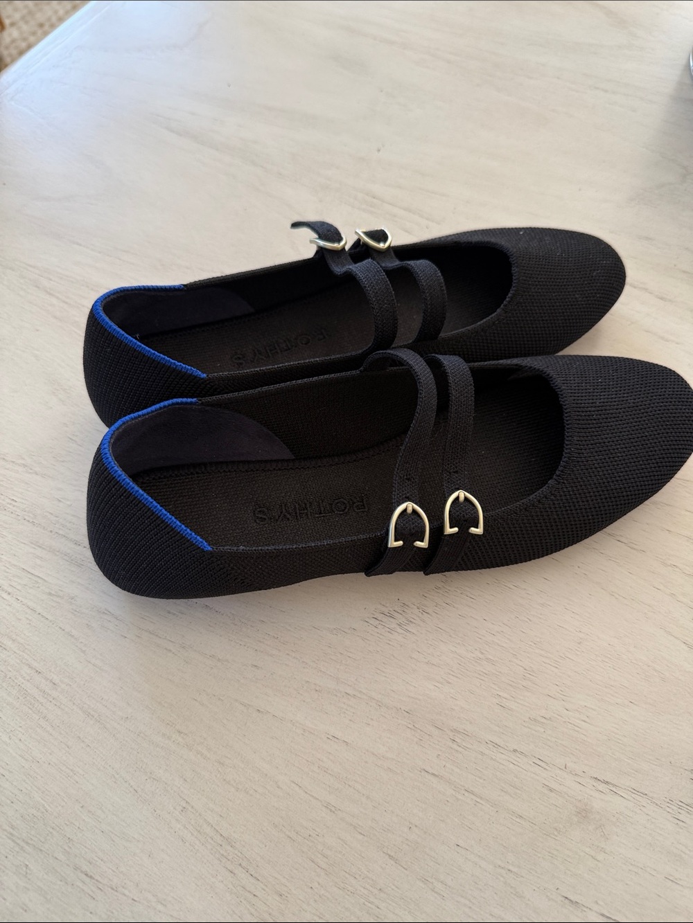 Rothy's Black Double-Strap Ballet Flats with Gold Accents
